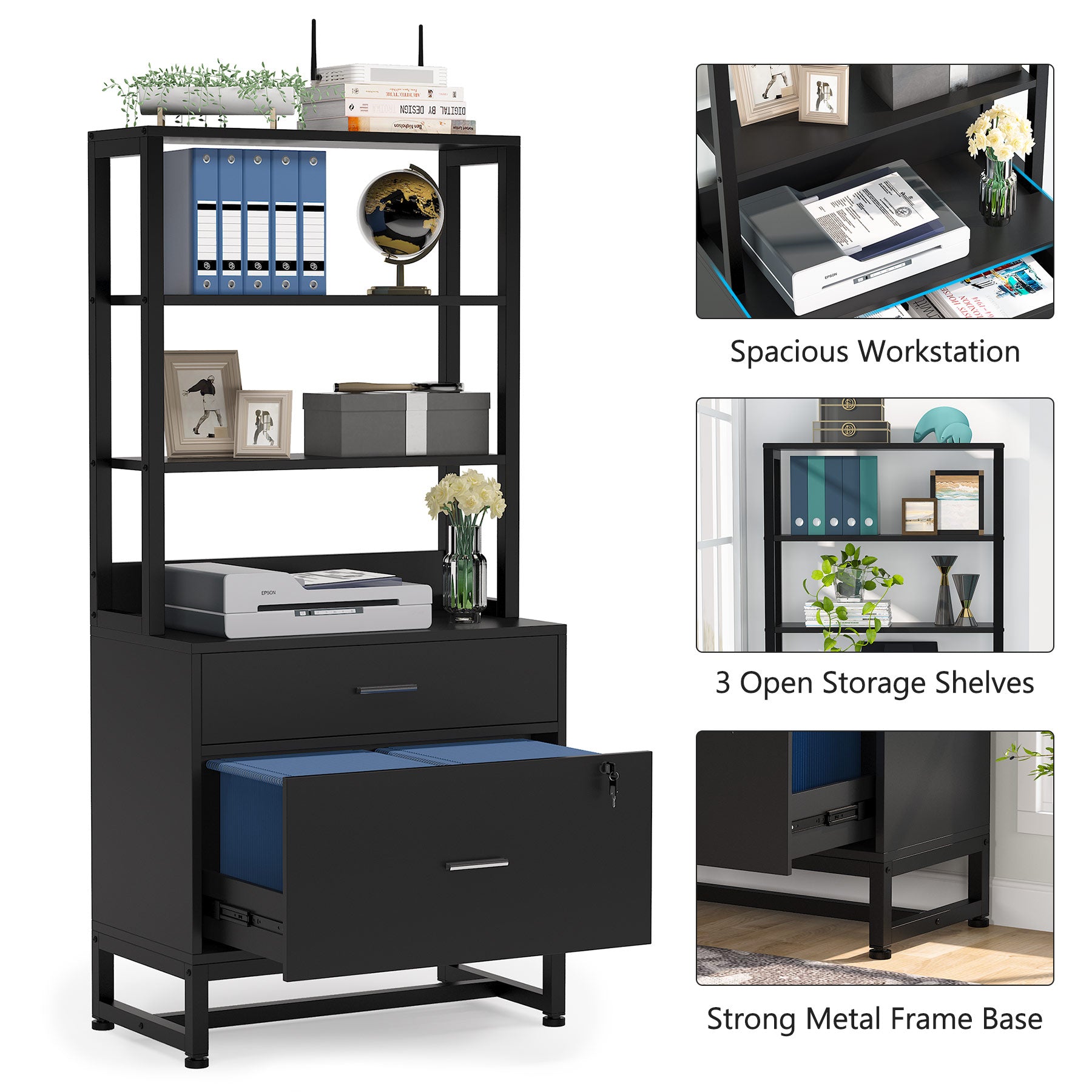Vertical File Cabinet with 2 Drawers & Bookshelf